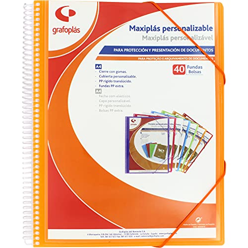 Grafoplás 39844052 Maxi-Plastik-Mappe mit Spiralbindung, 40 Hüllen, Orange, 30,8 x 24 x 20 von Grafoplás
