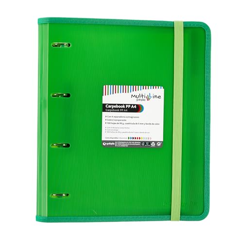 Grafoplás 88100020 Ringbuch mit 4 Ringen und Trennblättern, A4, Grün, liniertes Polypropylen, Multiline von Grafoplás