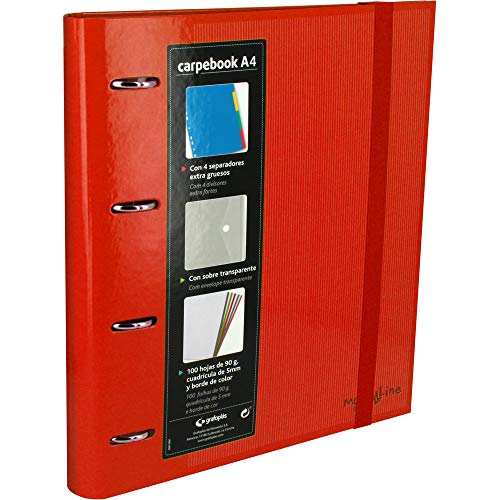 Grafoplas 88102051 Ringbuch mit 4 Ringen, A4, mit transparentem Umschlag, 4 Trennblättern und 100 Blatt, rot, 4 Ringen 35 mm, Gummiverschluss. Multiline Carpebook Grafoplas 88102051 Ringbuch mit 4 Ringen, A4, mit transparentem Umschlag, 4 Trennblättern und 100 Blatt, rot, 4 Ringen 35 mm, Gummiverschluss. Multiline Carpebook von Grafoplás