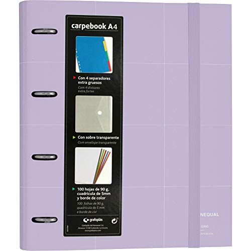 Grafoplás 88102969. Ringbuch mit 4 Ringen, Nachfüllpackung, 100 Blatt à 90 g/m², 4 extra dicke Trennwände und Umschlag, transparent, A4, Lavanda, Carpebook Unequal Grid von Grafoplás