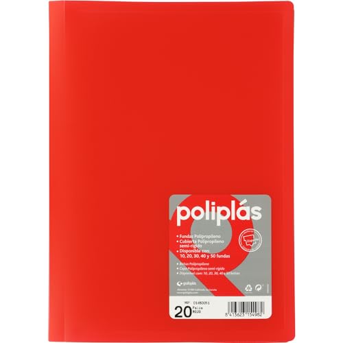 Grafoplas I Ordner mit Kunststoffhüllen I 20 transparente Hüllen I Größe Folio Rot I Serie Poliplas Blickdicht I Hergestellt in Spanien I Flexibler Deckel I Große Kapazität von Grafoplás