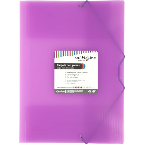 Grafoplás Packung mit 6 Kunststoffmappen | Foliogröße | Pastell-Lavendel | mit drei Klappen | vertikal gestreiftes Polypropylen | Gummizugverschluss | Multiline | perfekt für Schulen und Profis von Grafoplás
