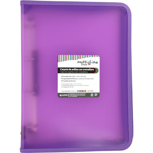 Grafoplás Ringbuch mit Reißverschluss A4+ | Lavendel | Multiline | 4 gemischte Ringe 25 mm | vertikal gestreifter Polypropylen-Einband | extra Kapazität für Papierblätter im Folioformat Grafoplás Ringbuch mit Reißverschluss A4+ | Lavendel | Multiline | 4 gemischte Ringe 25 mm | vertikal gestreifter Polypropylen-Einband | extra Kapazität für Papierblätter im Folioformat von Grafoplás