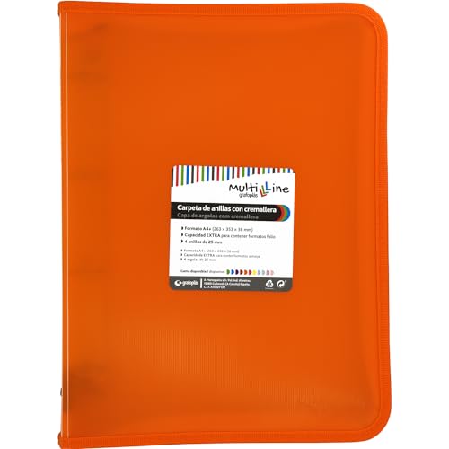 Grafoplás Ringbuch mit Reißverschluss A4+ | Orange | Multiline | 4 gemischte Ringe 25 mm | vertikal gestreifter Polypropylen-Einband | extra Kapazität für Papierblätter im Folioformat von Grafoplás