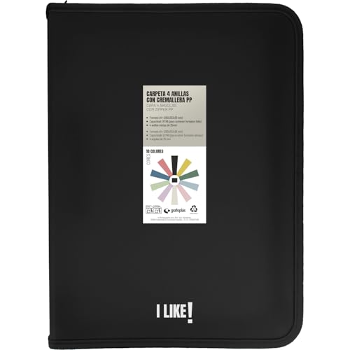 Grafoplas - Ringordner A4 mit Reißverschlüssen A4+, Schwarz, 4 Ringe 25 mm, inklusive Kunststoff-Kompressor, Kollektion Papeleria Like, Material Polypropylen, perfektes Schulmaterial Grafoplas - Ringordner A4 mit Reißverschlüssen A4+, Schwarz, 4 Ringe 25 mm, inklusive Kunststoff-Kompressor, Kollektion Papeleria Like, Material Polypropylen, perfektes Schulmaterial von Grafoplás