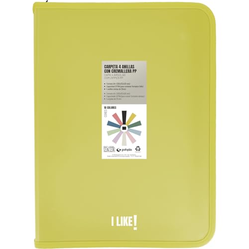 Grafoplas - Ringordner A4 mit Reißverschlüssen A4+, gelb, 4 Ringe 25 mm, inklusive Kunststoff-Kompressor, Kollektion Papeleria Like, Material Polypropylen, perfektes Schulmaterial von Grafoplás