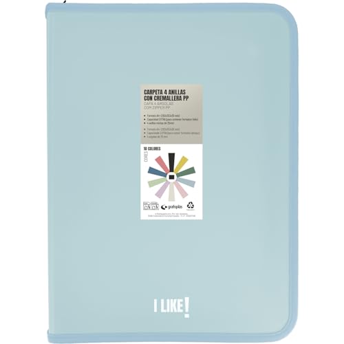 Grafoplas - Ringordner A4 mit Reißverschlüssen A4+, hellblau, 4 Ringe 25 mm, inklusive Kunststoff-Kompressor, Kollektion Papeleria Like, Material Polypropylen, perfektes Schulmaterial von Grafoplás