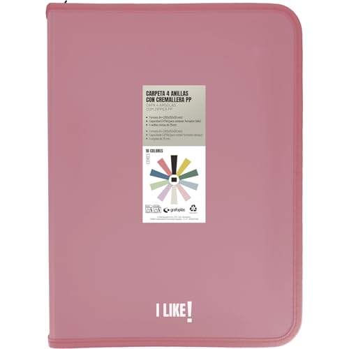 Grafoplas - Ringordner A4 mit Reißverschlüssen A4+, rosa, 4 Ringe 25 mm, inklusive Kunststoff-Kompressor, Kollektion Papeleria Like, Material Polypropylen, perfektes Schulmaterial von Grafoplás