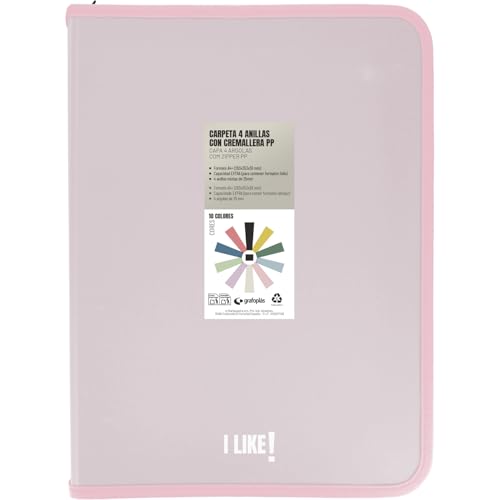 Grafoplas - Ringordner A4 mit Reißverschlüssen A4+, weiches Rosa, 4 Ringe 25 mm, inklusive Kunststoff-Kompressor, Kollektion Papeleria Like, Material Polypropylen, perfektes Schulmaterial von Grafoplás