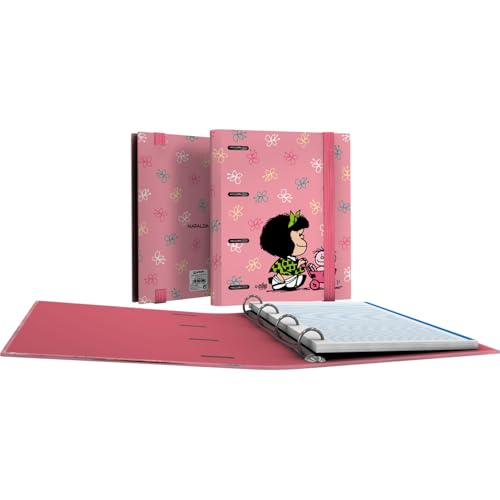 Grafoplas - Ringordner A5, Mafalda Baby Cart, inklusive Ersatzmine, kariert, 5 x 5 farbiger Rand, ergonomischer gebogener Rücken, 4 runde Ringe, 25 mm, FSC-zertifiziert, Schulschreibwaren von Grafoplás