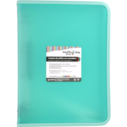 Grafoplás Ringordner mit Reißverschluss, A4+, Mint Pastell, Multiline, 4 gemischte Ringe, 25 mm, vertikale linierte Polypropylen-Abdeckung, extra Kapazität für Blatt im Folioformat Grafoplás Ringordner mit Reißverschluss, A4+, Mint Pastell, Multiline, 4 gemischte Ringe, 25 mm, vertikale linierte Polypropylen-Abdeckung, extra Kapazität für Blatt im Folioformat von Grafoplás