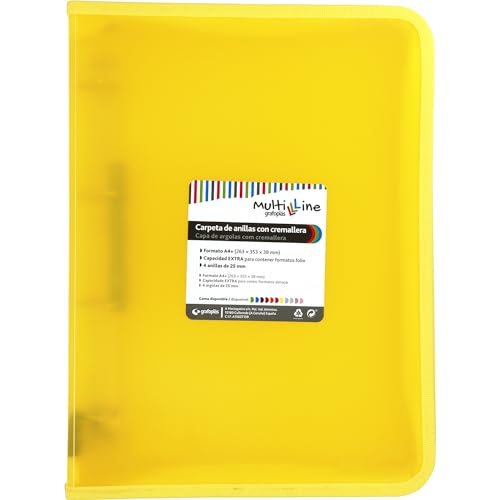 Grafoplás Ringordner mit Reißverschluss, A4+, gelb, Multiline, 4 gemischte Ringe, 25 mm, vertikal, linierter Polypropylen-Einband, extra Kapazität für Blätter im Folioformat Grafoplás Ringordner mit Reißverschluss, A4+, gelb, Multiline, 4 gemischte Ringe, 25 mm, vertikal, linierter Polypropylen-Einband, extra Kapazität für Blätter im Folioformat von Grafoplás