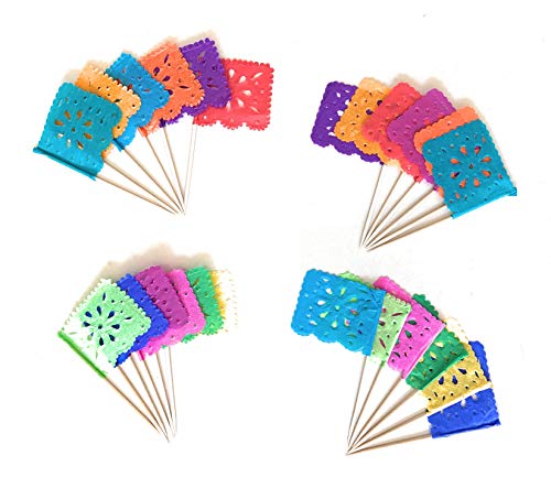 Set mit 24 Stück Mini-Papier-Banner aus mexikanischem Papier, Picado, Banderita, Fiesta, Party-Dekorationen, Cupcake-Topper, Party-Banderinen, Blumen-Design (mehrfarbig) von Grahmart