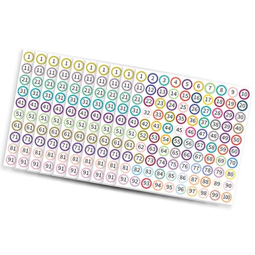 10 Blatt fortlaufende Zahlenaufkleber, 1-100 kleine, selbstklebende runde Etiketten, mehrfarbig für einfache Organisation und Beschriftung von Gramigg