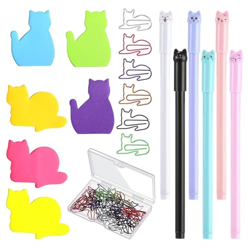 Schreibwaren-Set mit Katzenmotiven, 6 farbige Notizpapier, 30 Metall-Büroklammern, 6 Gelstifte für Kinder, Schulbedarf von Gramigg