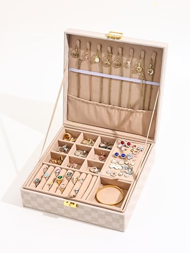Granbest Elegante Schmuckschatulle mit Karomuster und mehreren Fächern zum Organisieren von Schmuck (Beige) von Granbest