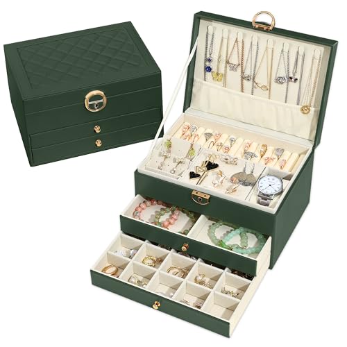 Granbest Elegante Schmuckschatulle mit drei Ebenen und mehreren Fächern, ideal zum Organisieren von Halsketten, Ringen und Ohrringen (Dunkelgrün) von Granbest