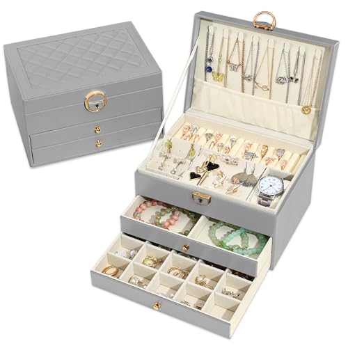 Granbest Elegante Schmuckschatulle mit drei Ebenen und mehreren Fächern, ideal zum Organisieren von Halsketten, Ringen und Ohrringen (grau) von Granbest