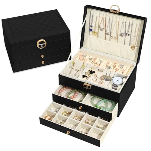 Granbest Elegante Schmuckschatulle mit drei Ebenen und mehreren Fächern, ideal zum Organisieren von Halsketten, Ringen und Ohrringen (schwarz) von Granbest