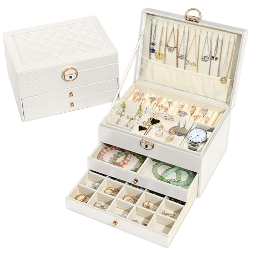 Granbest Elegante Schmuckschatulle mit drei Ebenen und mehreren Fächern, ideal zum Organisieren von Halsketten, Ringen und Ohrringen (weiß) von Granbest