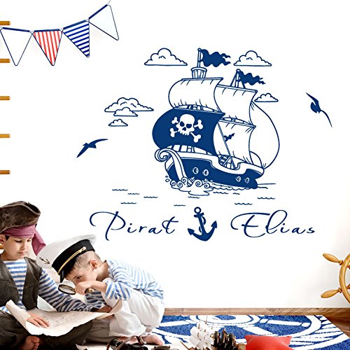 Grandora Wandtattoo Piratenschiff Anker + Wunschname I azurblau (BxH) 79 x 47 cm I Schiff Kinderzimmer Sticker Aufkleber Wandsticker Wandaufkleber Pirat W5505 von Grandora