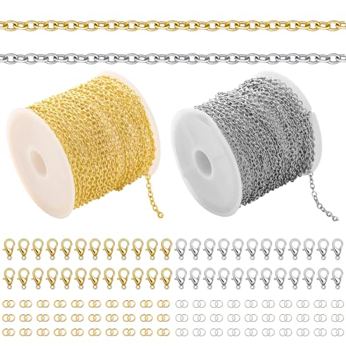 Graplan 2 STK 5M Gliederkette Meterware Silber, Gold für Schmuckherstellung Mit 120 Biegeringe und 60 Karabinerverschlüssen, Ketten Basteln für DIY Halskette von Graplan