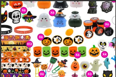 Graplan 50 Stück Halloween Mitgebsel Kinder, Partyspielzeug Sets mit Stempel, Armband, Tattoo, Rückprallspielzeug Füllstoff, Papiertüten, für Halloween Süßes oder Saures, Party Geschenk-Set von Graplan