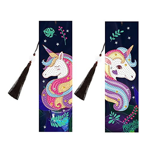 2 Stücke Diamond Painting Lesezeichen Einhorn Diamond Pasted Painting Bookmark DIY Bookmark mit Quasten Mädchen Malen Nach Zahlen Kit für Studentengeschenke，Weihnachtsgeschenk, Seiten Markieren von Grasslandy