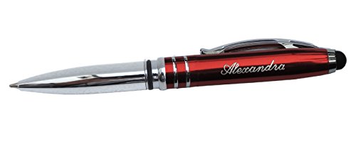 LED – Kugelschreiber rot mit LED-Licht und Soft-Touchpen für Handy oder Tablet mit SOFORTGRAVUR + VORSCHAU: Gravur (1 Vorname) bis zu 8 Zeichen + Geschenkverpackung von GravUp