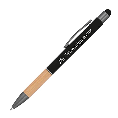 10 Touchpen Kugelschreiber mit Griffzone aus Bambus mit Gravur / Farbe: schwarz von Gravur by Livepac Office