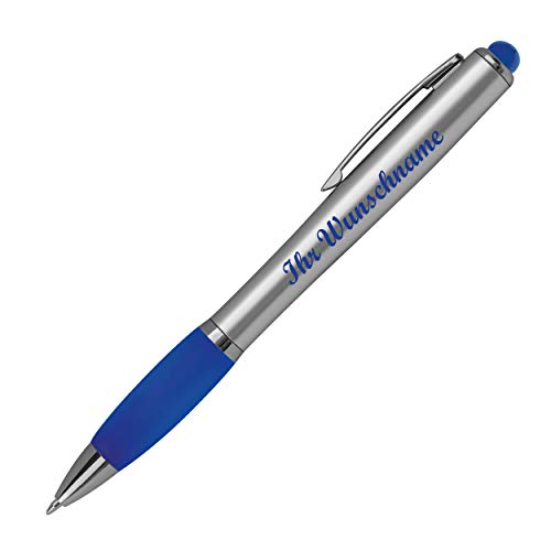 10 Touchpen Kugelschreiber mit Namensgravur im farbigen LED Licht - silber-blau von Gravur by Livepac Office