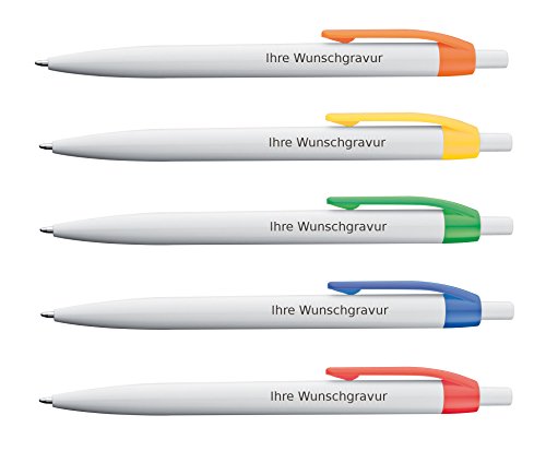 100x Kugelschreiber mit Gravur / Clipfarbe: je 20x grün, orange, gelb, rot und blau von Gravur by Livepac Office