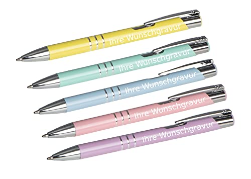 5 Kugelschreiber "Pastell" aus Metall mit Gravur / Pastell-lila,blau,mint,rosa,gelb von Gravur by Livepac Office