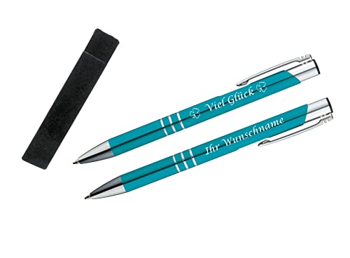 Glücks-Kugelschreiber mit beidseitiger Gravur / mit Velouretui / Farbe: türkis von Gravur by Livepac Office