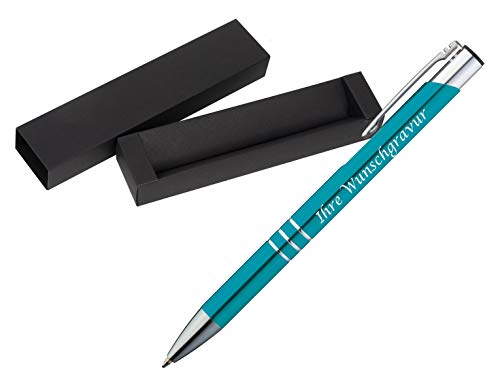 Kugelschreiber aus Metall mit Gravur / mit Pappetui / Farbe: türkis von Gravur by Livepac Office