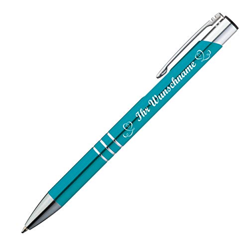Kugelschreiber mit Namensgravur "Herzen" - aus Metall - Farbe: türkis von Gravur by Livepac Office