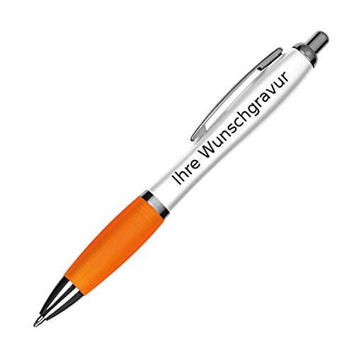 100 Kugelschreiber mit Gravur / aus Kunststoff / Farbe: weiß-orange von Gravur by LivepacOffice