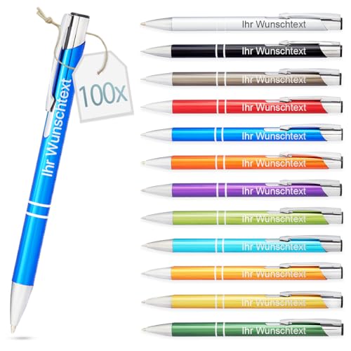 Kugelschreiber mit Gravur | personalisierter Stift mit Wunschtext | blaue Mine | Werbegeschenk & Werbeartikel | personalisierte Kulis für Hochzeit, Büro & Schule (Blau, 100 Stück) von Gravurtastisch