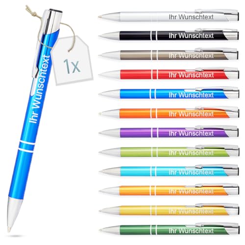 Kugelschreiber mit Gravur | personalisierter Stift mit Wunschtext | blaue Mine | Werbegeschenk & Werbeartikel | personalisierte Kulis für Hochzeit, Büro & Schule (Blau, 1Stück) von Gravurtastisch