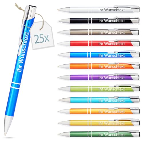 Kugelschreiber mit Gravur | personalisierter Stift mit Wunschtext | blaue Mine | Werbegeschenk & Werbeartikel | personalisierte Kulis für Hochzeit, Büro & Schule (Blau, 25 Stück) von Gravurtastisch