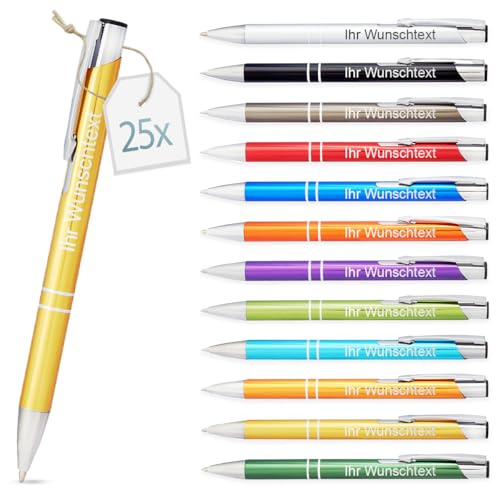 Kugelschreiber mit Gravur | personalisierter Stift mit Wunschtext | blaue Mine | Werbegeschenk & Werbeartikel | personalisierte Kulis für Hochzeit, Büro & Schule (Gelb, 25 Stück) von Gravurtastisch