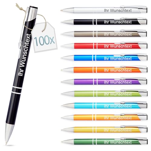 Kugelschreiber mit Gravur | personalisierter Stift mit Wunschtext | blaue Mine | Werbegeschenk & Werbeartikel | personalisierte Kulis für Hochzeit, Büro & Schule (Gemischt,100 Stück) von Gravurtastisch