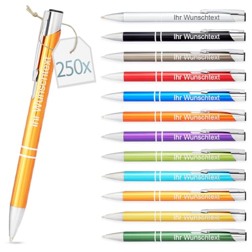 Kugelschreiber mit Gravur | personalisierter Stift mit Wunschtext | blaue Mine | Werbegeschenk & Werbeartikel | personalisierte Kulis für Hochzeit, Büro & Schule (Gold, 250 Stück) von Gravurtastisch