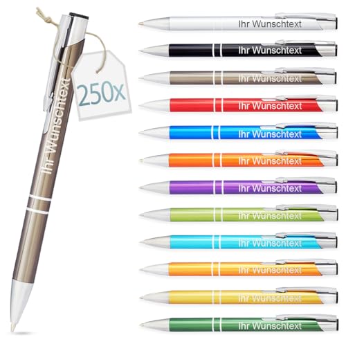 Kugelschreiber mit Gravur | personalisierter Stift mit Wunschtext | blaue Mine | Werbegeschenk & Werbeartikel | personalisierte Kulis für Hochzeit, Büro & Schule (Grau, 250 Stück) von Gravurtastisch