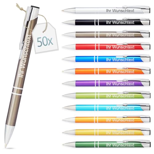 Kugelschreiber mit Gravur | personalisierter Stift mit Wunschtext | blaue Mine | Werbegeschenk & Werbeartikel | personalisierte Kulis für Hochzeit, Büro & Schule (Grau, 50 Stück) von Gravurtastisch