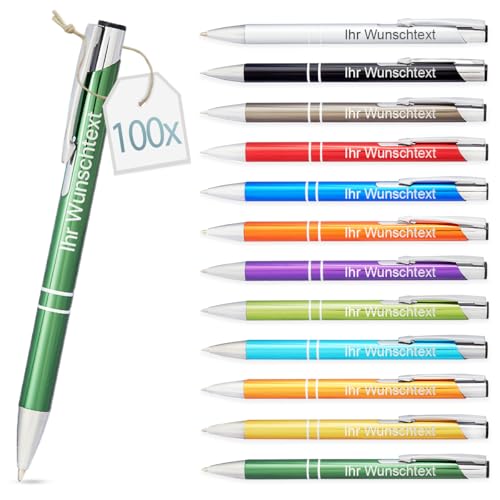 Kugelschreiber mit Gravur | personalisierter Stift mit Wunschtext | blaue Mine | Werbegeschenk & Werbeartikel | personalisierte Kulis für Hochzeit, Büro & Schule (Grün, 100 Stück) von Gravurtastisch