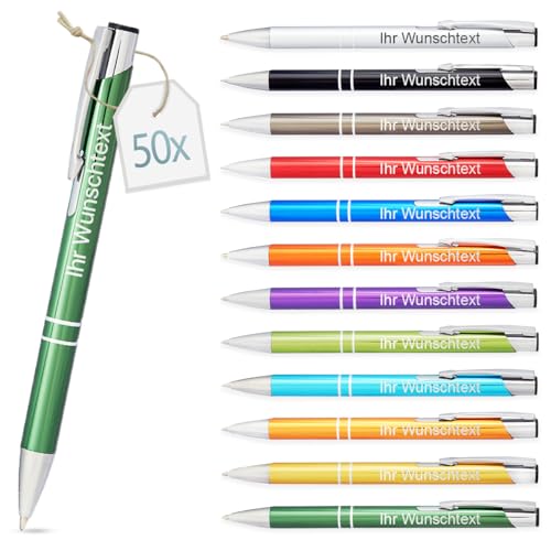 Kugelschreiber mit Gravur | personalisierter Stift mit Wunschtext | blaue Mine | Werbegeschenk & Werbeartikel | personalisierte Kulis für Hochzeit, Büro & Schule (Grün, 50 Stück) von Gravurtastisch