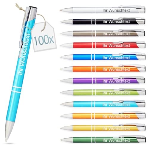 Kugelschreiber mit Gravur | personalisierter Stift mit Wunschtext | blaue Mine | Werbegeschenk & Werbeartikel | personalisierte Kulis für Hochzeit, Büro & Schule (Hellblau, 100 Stück) von Gravurtastisch