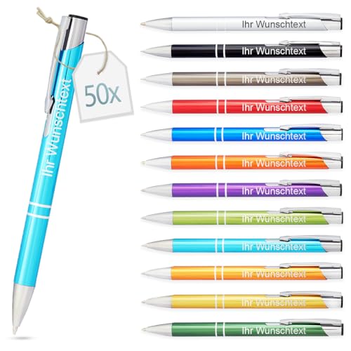 Kugelschreiber mit Gravur | personalisierter Stift mit Wunschtext | blaue Mine | Werbegeschenk & Werbeartikel | personalisierte Kulis für Hochzeit, Büro & Schule (Hellblau, 50 Stück) von Gravurtastisch