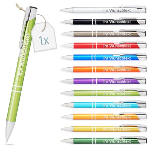 Kugelschreiber mit Gravur | personalisierter Stift mit Wunschtext | blaue Mine | Werbegeschenk & Werbeartikel | personalisierte Kulis für Hochzeit, Büro & Schule (Hellgrün, 1 Stück) von Gravurtastisch